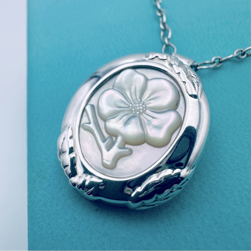 RARE Tiffany & Co. Mother of Pearl Cameo Necklace & Brooch Rose Sterling Silver - Picture 4 of 14